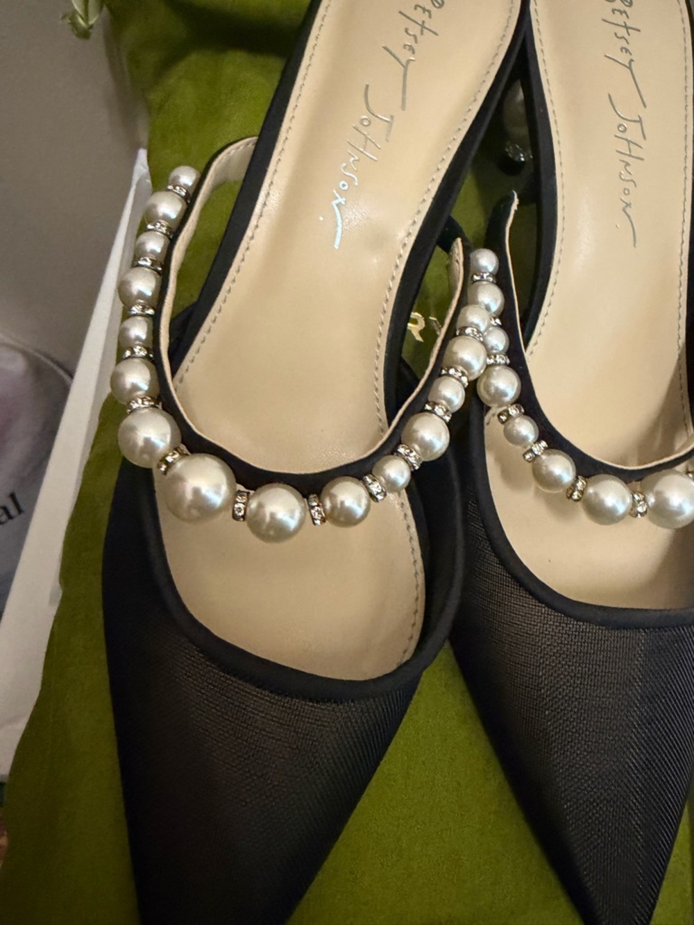 Betsey Johnson Black Pointed Mesh Mules with Pearl Strap - Picture 2 of 7
